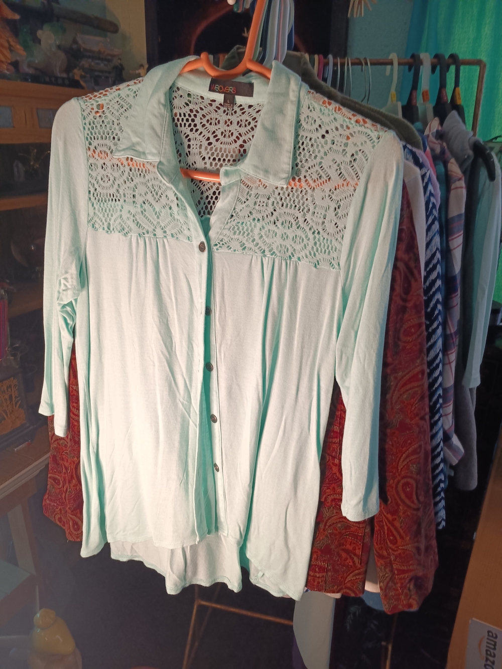 Weavers Mint Crochet Yoke Button-Front Women's Shirt